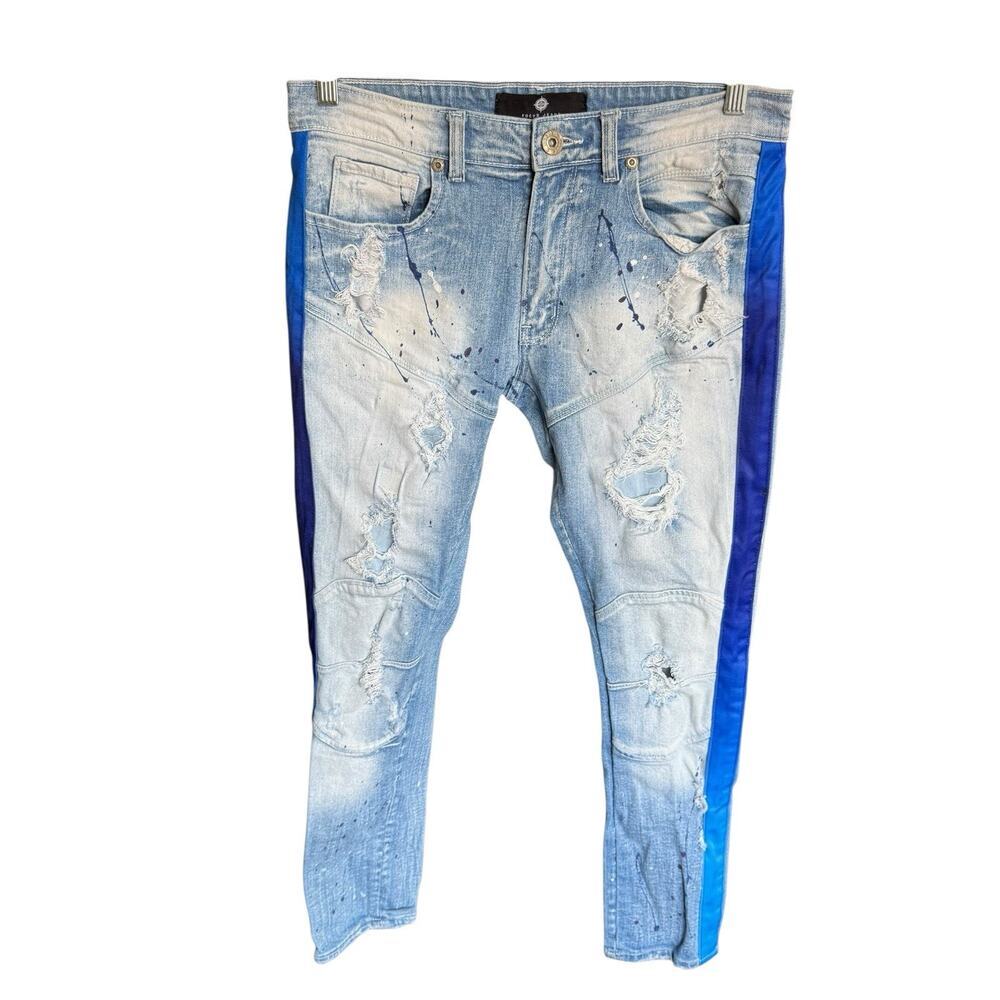 Men's Distressed Light Blue Jeans with Blue Accents